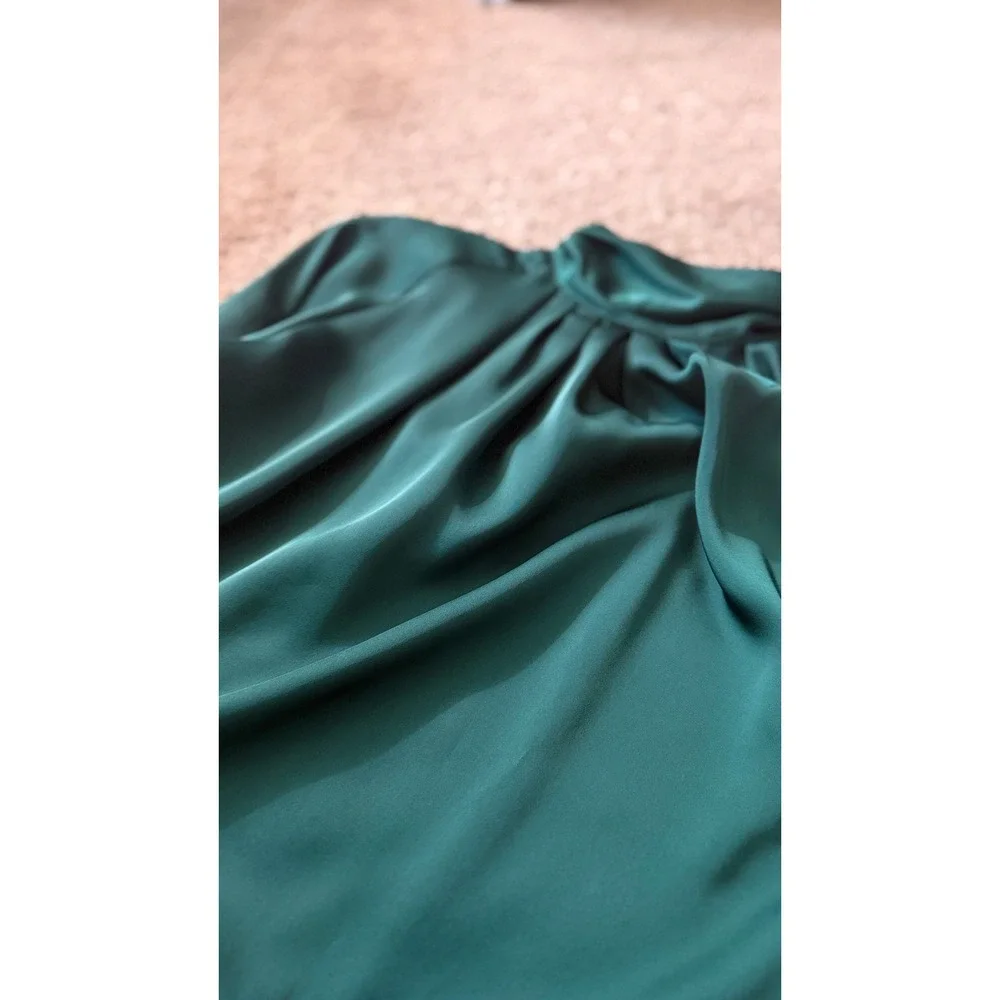 Tess Paris-Milano Emerald Green Satin Mock Neck Ruched Cuff Blouse Vintage HH23 - Picture 4 of 6